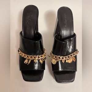 Karl Lagerfeld Black Patent Slide platforms with Gold Charm Chain